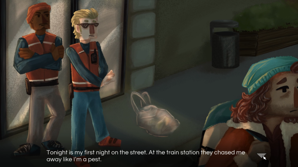 Screenshot of the first cutscene in Homeless depicting Noah being thrown out of the train station by two security guards