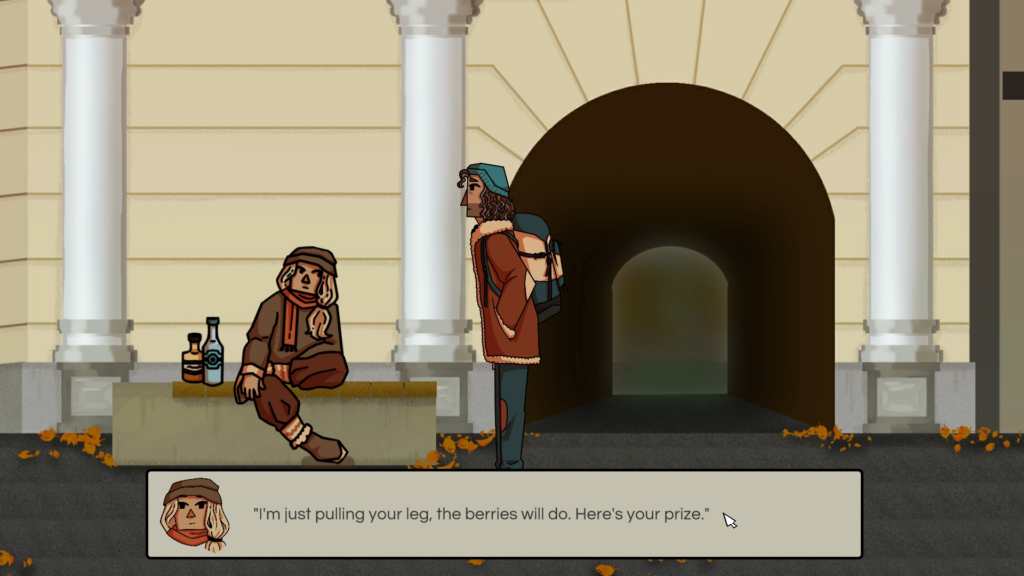 Screenshot of Homeless depicting Noah in the second level talking with another homeless person by day