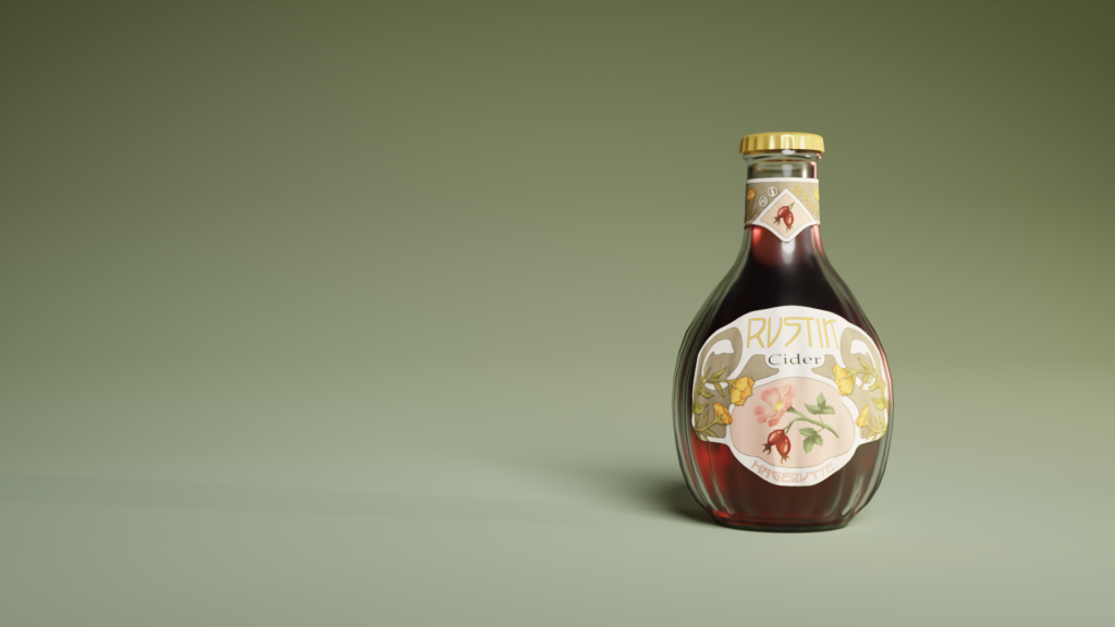 3D-Render of the front of the Rustik Bottle, showing the illustration on the front label, well-lit