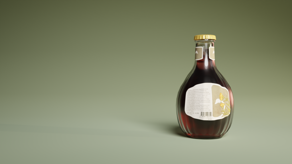 3D-Render of the back of the Rustik Bottle, showing the ingredient label, standing in a green studio