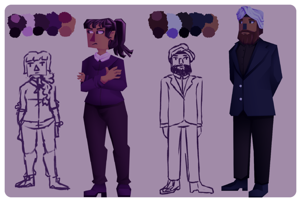 Character Design of the two different Bouncers with the finished art, defined colours and sketches