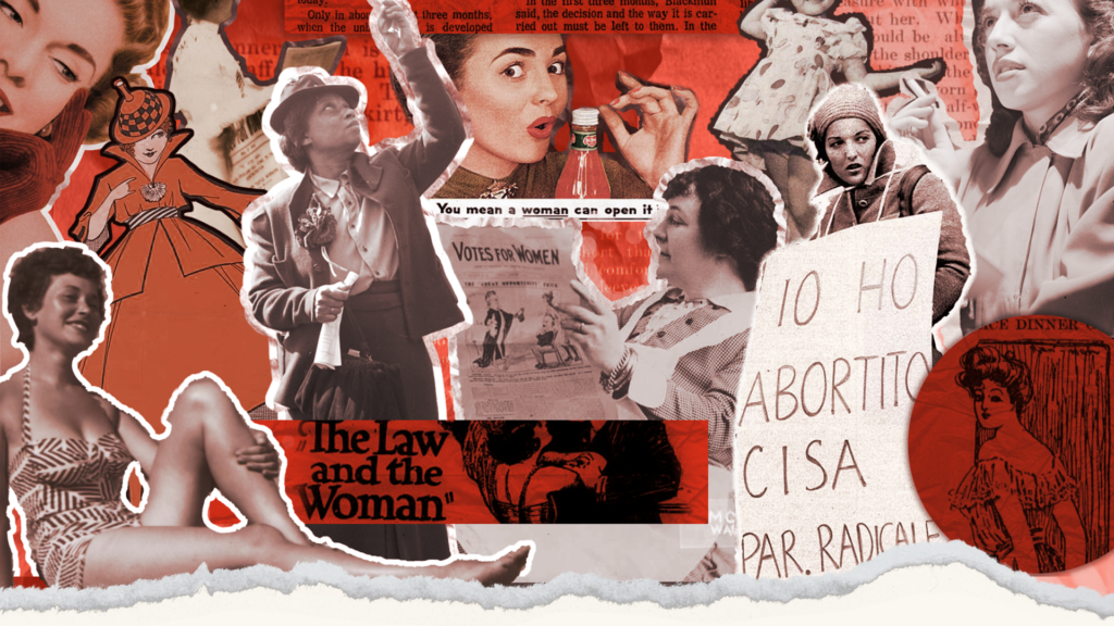 Collage of different women and newspaper articles depicting the role of women over the time, the collage uses mainly red, black and white