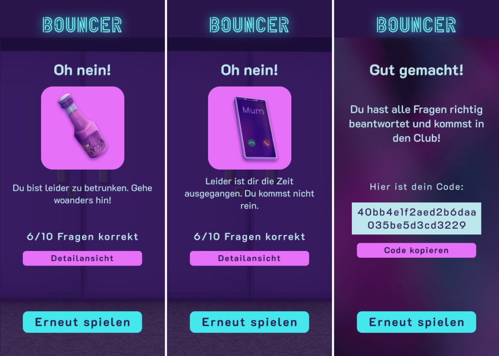 Mockups of the different possible end-screens in Bouncer, two of them show a failed attempt one of them the winning code