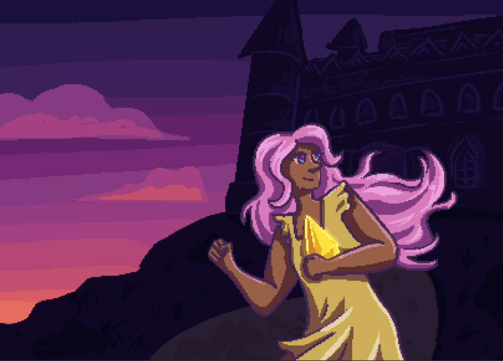 Screenshot of the contrast castle win illustration, person with long purple hair is running away from a castle with a crystal in their hand