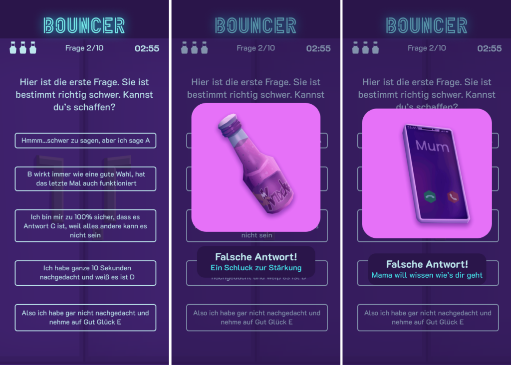 Mockups of different screens in Bouncer, showing the quiz and the game's reactions to wrong answers