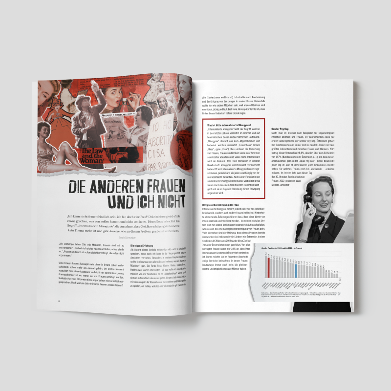 Magazine Mockup of a german Article about Sexism, on the top left page is a collage of different women in red tones