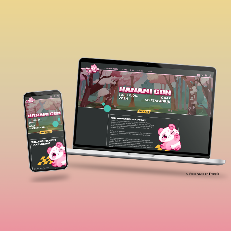 Mockup of the Hanamicon-Website, showing the main page on mobile and desktop