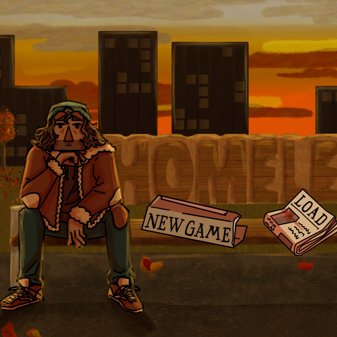 Screenshot of the Main Menu of the Homeless, showing Noah sitting on a bench with the city and the sun going down in the background