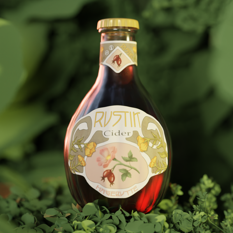 3-D Render of a cider bottle with red liquid placed on plants