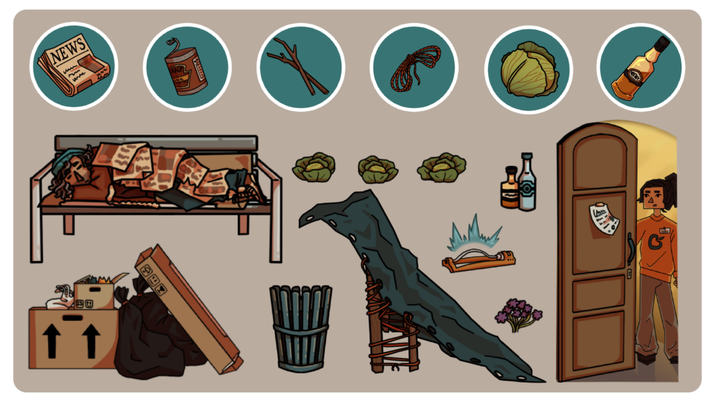 Collection of different Assets both in the Scene and UI in Homeless