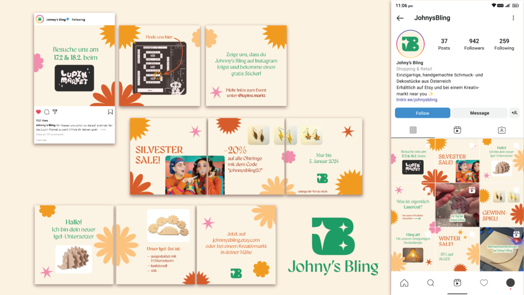Johny's Bling mockup with different Instagram Social Media Posts depicting Infos about coming events, sales and new products, lots of warm colours