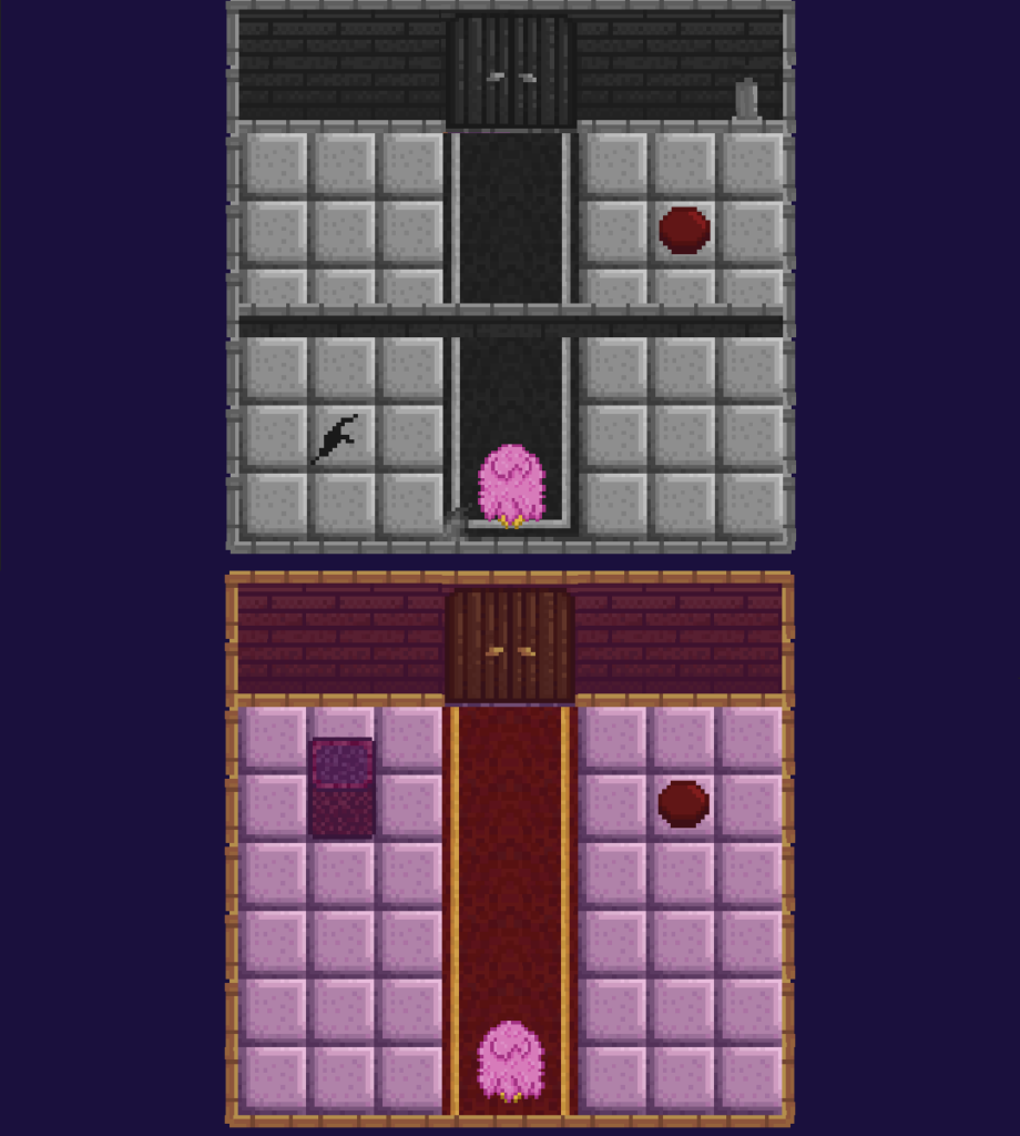 Screenshot of the level versions of a level in Contrast Castle, one of them (the past) being in greyscale
