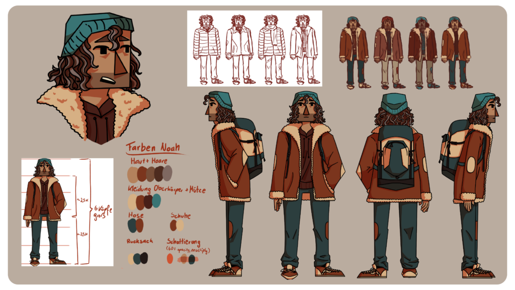 Character Sheet for the protagonist Noah: a 40 year old homeless man with tan skin, brown curly hair and a teal beanie