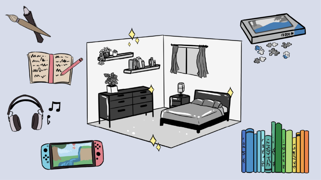 Asset collection of all other drawings used in the video, like books, a puzzle, headphones or a clean and sparkly room