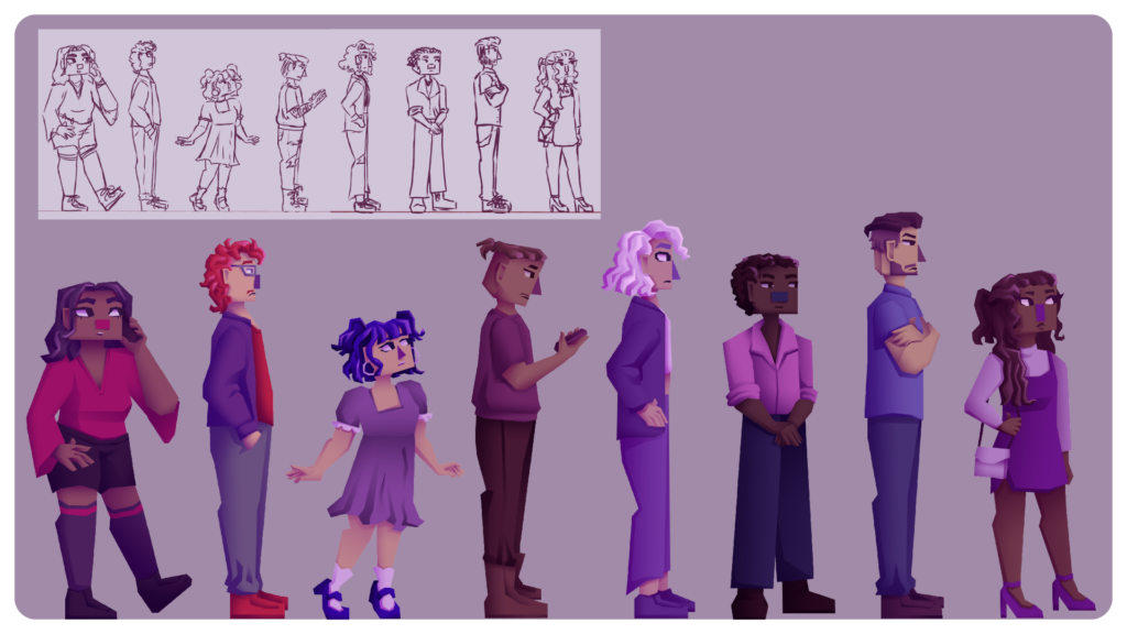 Lineup of all the character-designs in the queue in the intro sequences as well as their sketches