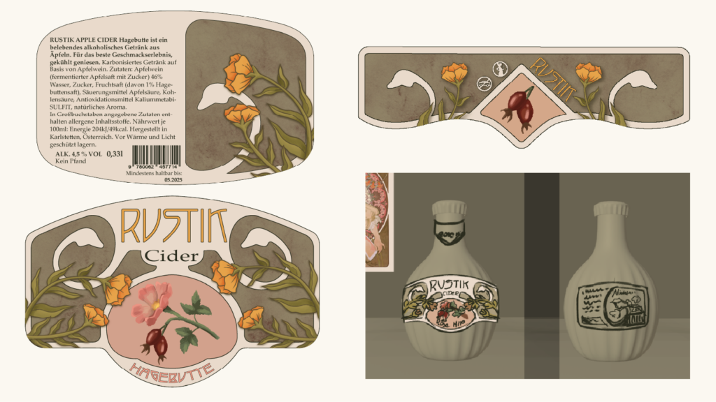 Collection of all three Labels of the Rustik Bottle (front, back, around the neck) as well as a sketch