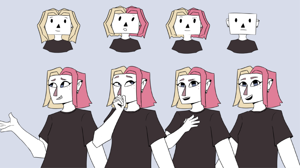 Different still Frames of the character in the video side by side while talking
