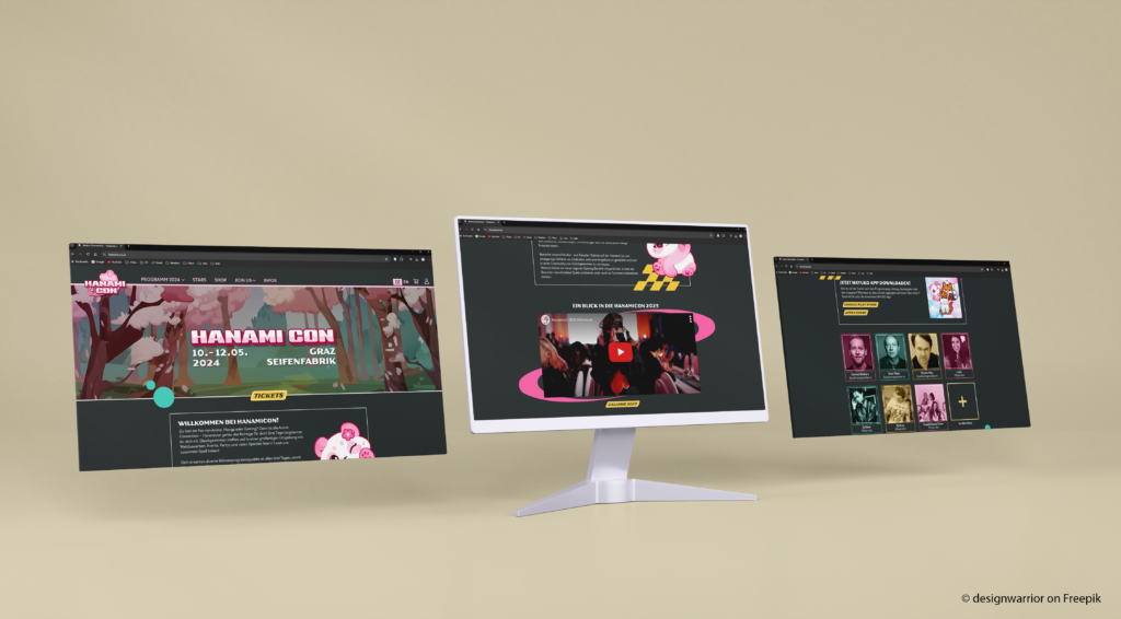 Desktop Mockups of the Hanamicon front page showing information about the event