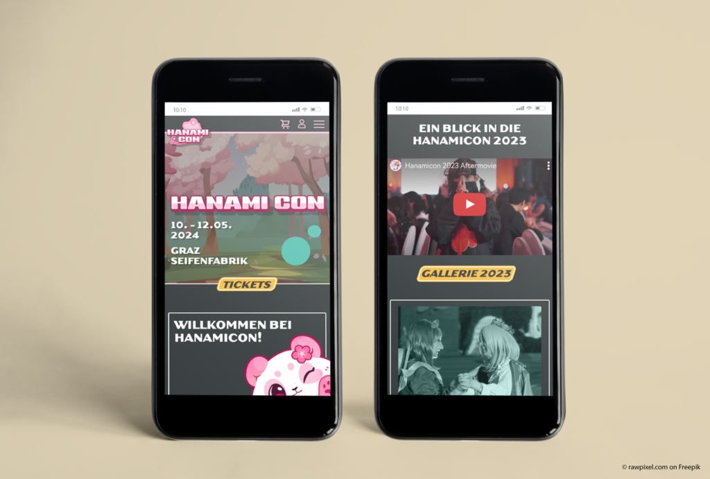 Mobile Mockups of the Hanamicon front page, dark baground and vibrant colours