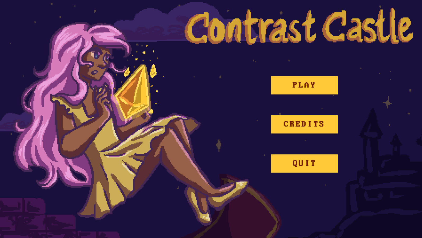 Screenshot of the starting screen of Contrast Castle, depicting the title, on the left side is a person with purple hair floating and holding a yellow crystal in their hand