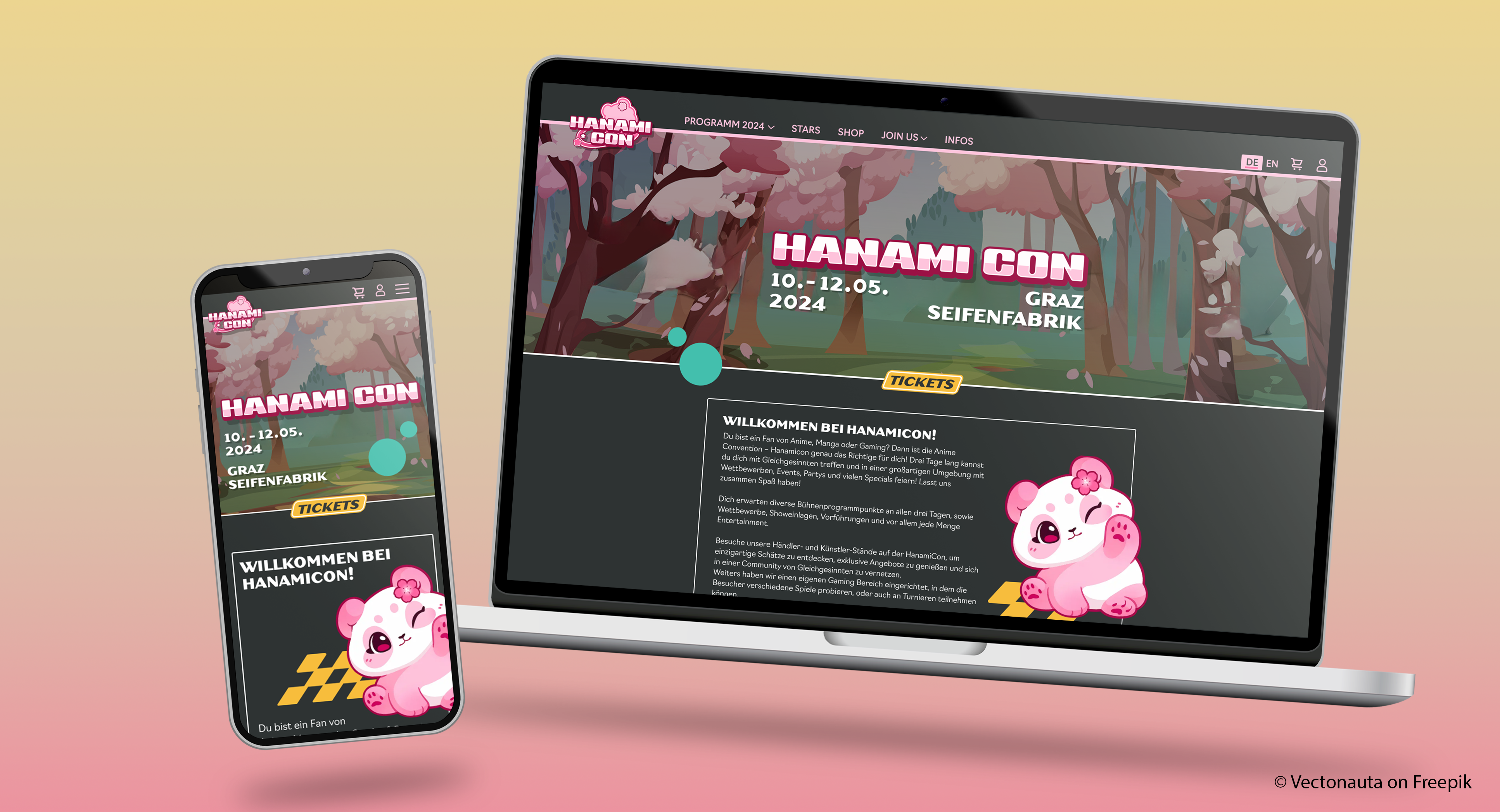 Mockup of the Hanamicon-Website, showing the main page on mobile and desktop