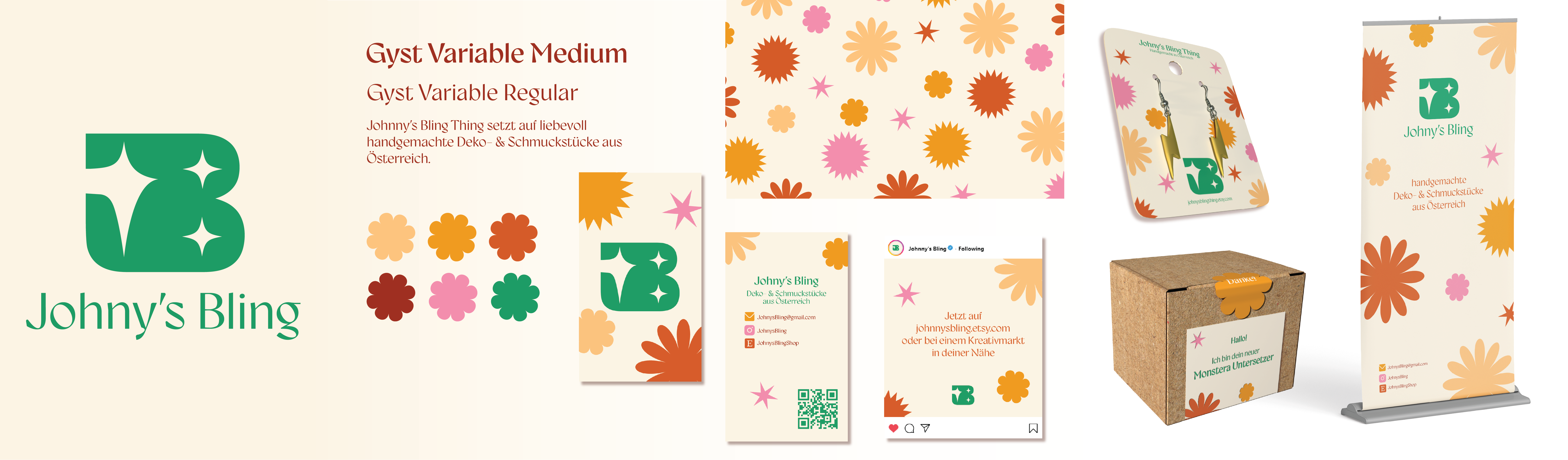 Johny's Bling Stylescape, showing the logo, colours, fonts, business cards and mockups of packaging