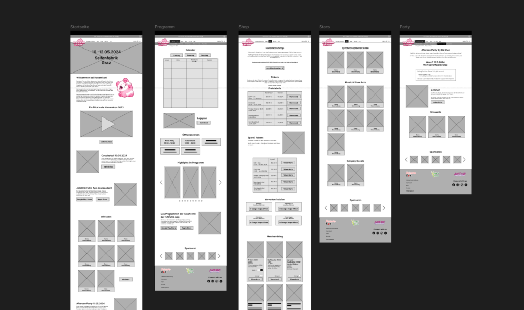 Wireframe of different Hanamicon Desktop Pages
