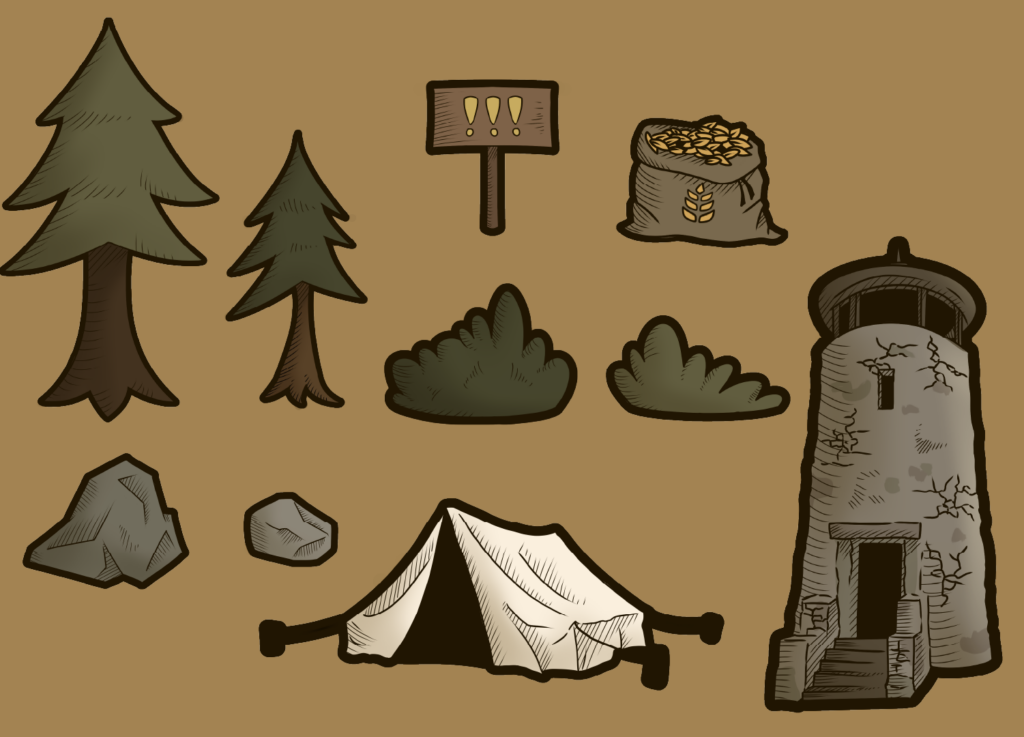 Assortment of different world assets of Eugmin e.g. trees, rocks, an enemy tower etc.