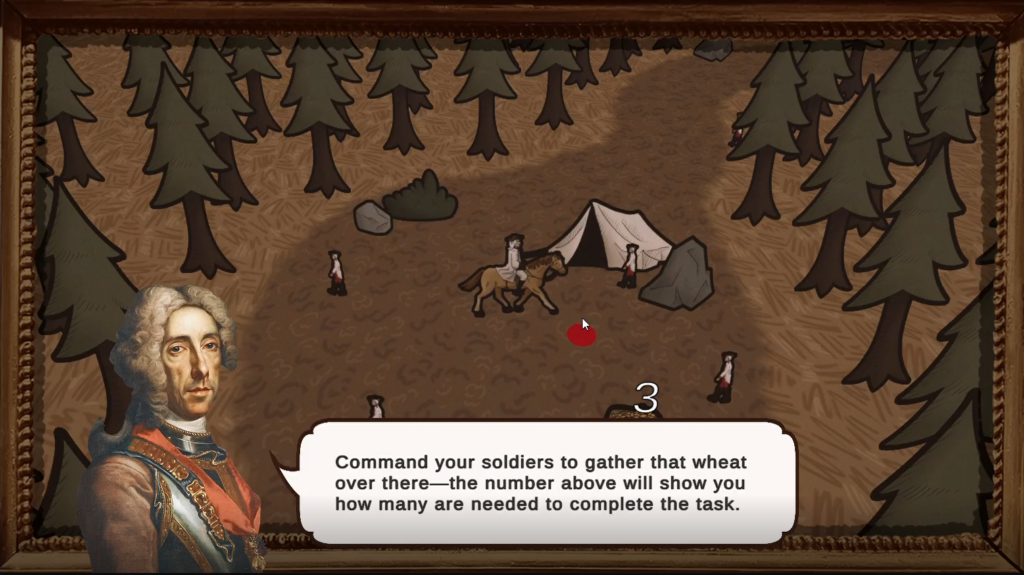 Screenshot of the beginning dialogue of Eugmin. Prince Eugene is explaining the rules